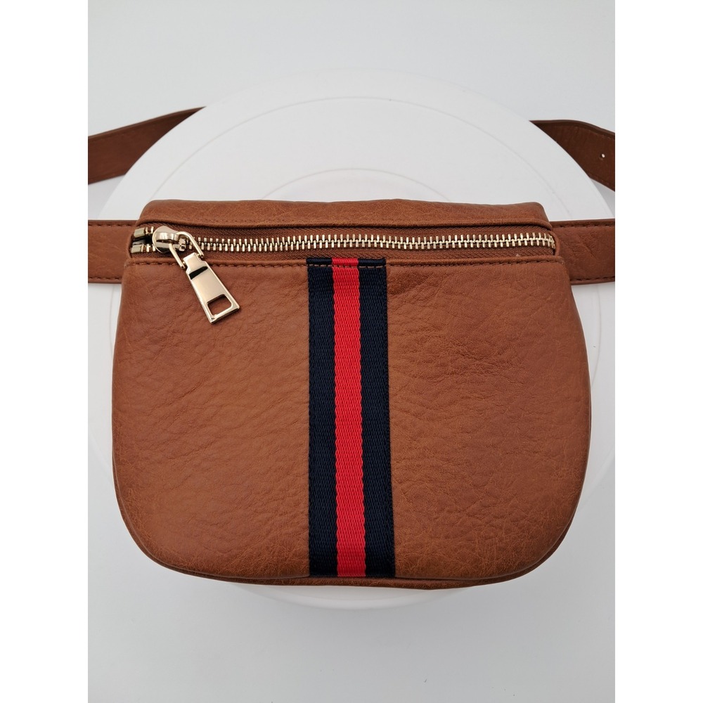 Moda Luxe Juno Belt Bag‎ In Brown Vegan Leather With A Red And Navy Blue Stripe